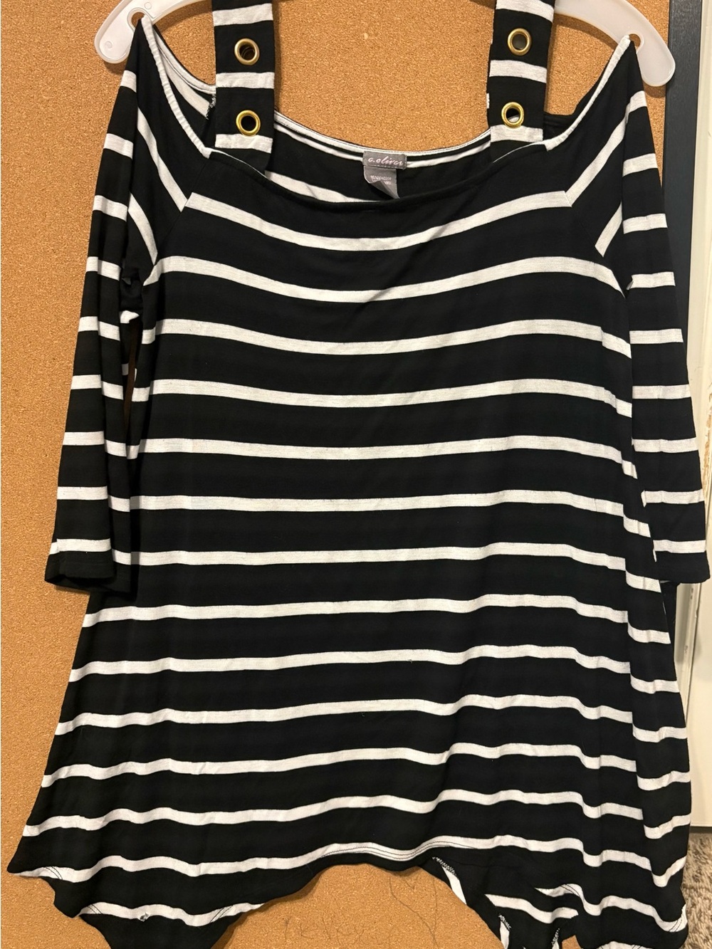 C. Oliver Black White Striped Cold Shoulder Grommet Detail Top Size M